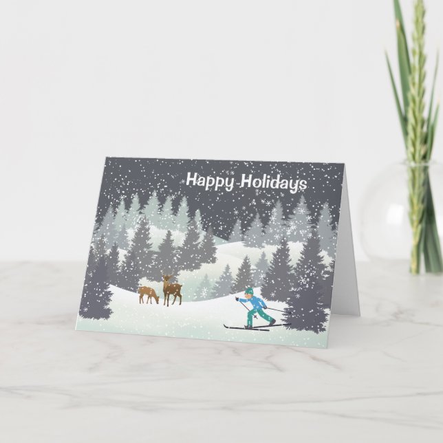 Christmas Deer and Winter Pines Holiday Card (Front)