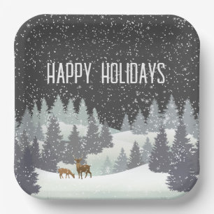 Christmas Deer and Winter Pines Paper Plates