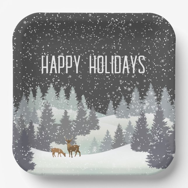Christmas Deer and Winter Pines  Paper Plates (Front)