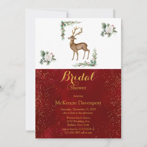 Christmas Deer Antler Burgundy Gold Bridal Shower Invitation
