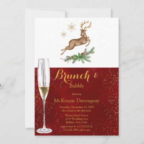 Christmas Deer Antler Burgundy Gold Brunch Bubbly Invitation