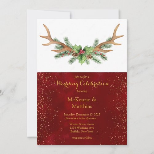 Christmas Deer Antler Burgundy Gold Wedding Invitation