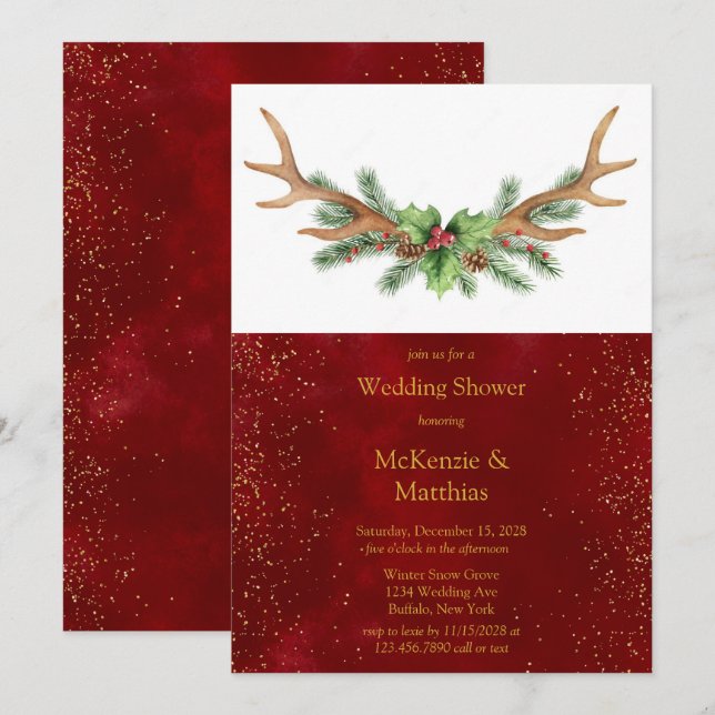 Christmas Deer Antler Burgundy Gold Wedding Shower Invitation (Front/Back)