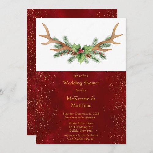 Christmas Deer Antler Burgundy Gold Wedding Shower Invitation