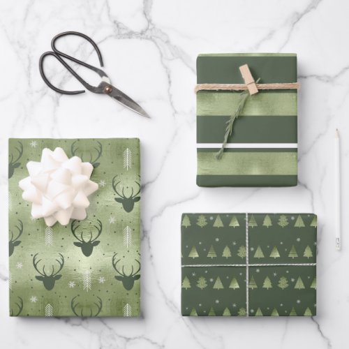 Christmas Deer Antler Stripes and Fir Trees ID864 Wrapping Paper Sheets
