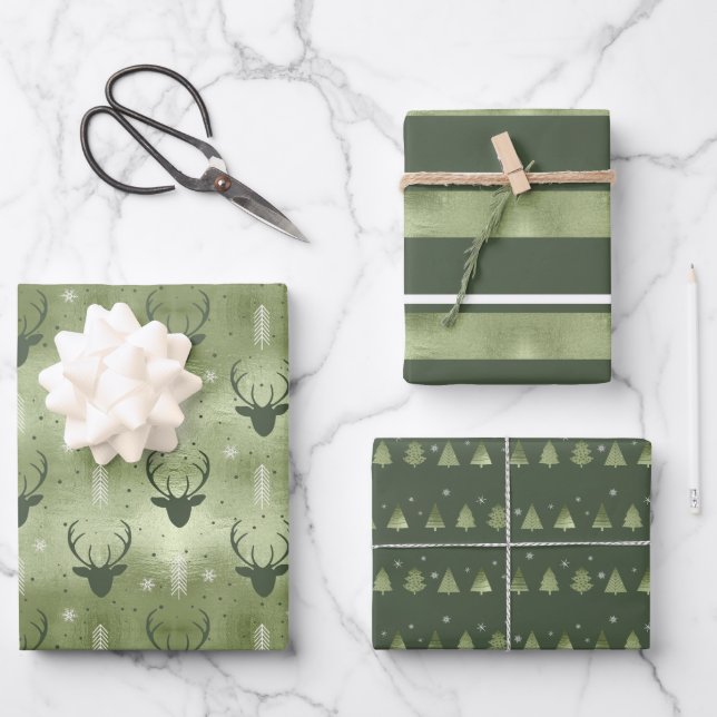 Christmas Deer Antler, Stripes and Fir Trees ID864 Wrapping Paper Sheets (Front)