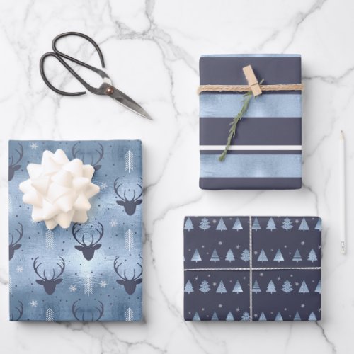 Christmas Deer Antler Stripes Trees Blue ID864 Wrapping Paper Sheets