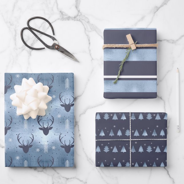 Christmas Deer Antler, Stripes, Trees Blue ID864 Wrapping Paper Sheets (Front)