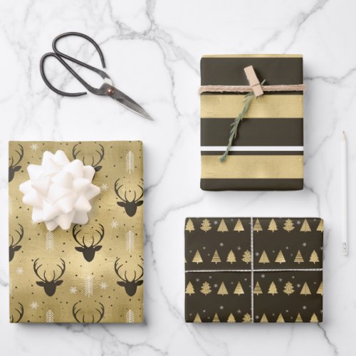 Christmas Deer Antler Stripes Trees GoldBr ID864 Wrapping Paper Sheets