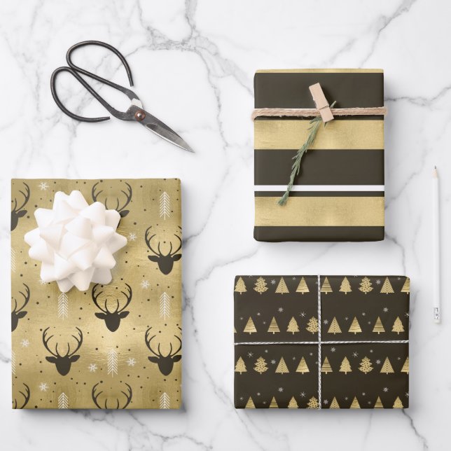 Christmas Deer Antler Stripes Trees Gold/Br ID864 Wrapping Paper Sheets (Front)