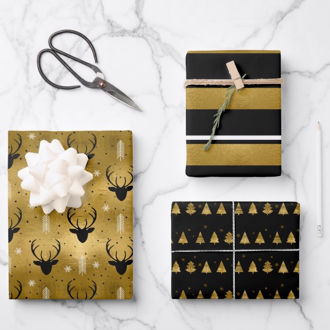 Christmas Deer Antler, Stripes, Trees Gold ID864  Wrapping Paper Sheets (Front)
