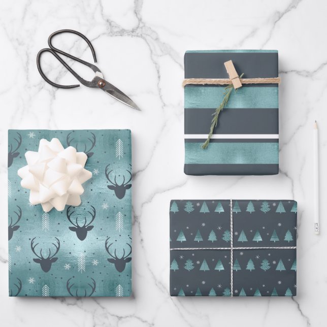 Christmas Deer Antler, Stripes, Trees Teal ID864 Wrapping Paper Sheets (Front)