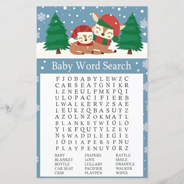 Christmas deer Baby Shower Word Search Game (Front)