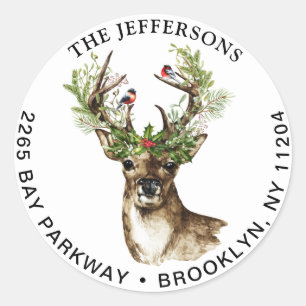Christmas Deer & Birds Horns Return Address Label