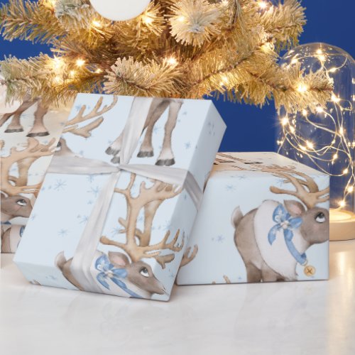 Christmas Deer Blue Winter Snowflakes Wrapping Paper