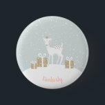 Christmas Deer Button<br><div class="desc">A dainty deer over a snowy background and gold glitter effect gifts.
Use as a button on a jacket or scarf or as a nametag on a Christmas stocking.
Name can be customized or changed to a seasonal greeting.</div>