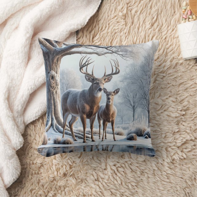 Christmas Deer By Icy Pond Throw Pillow (Blanket)