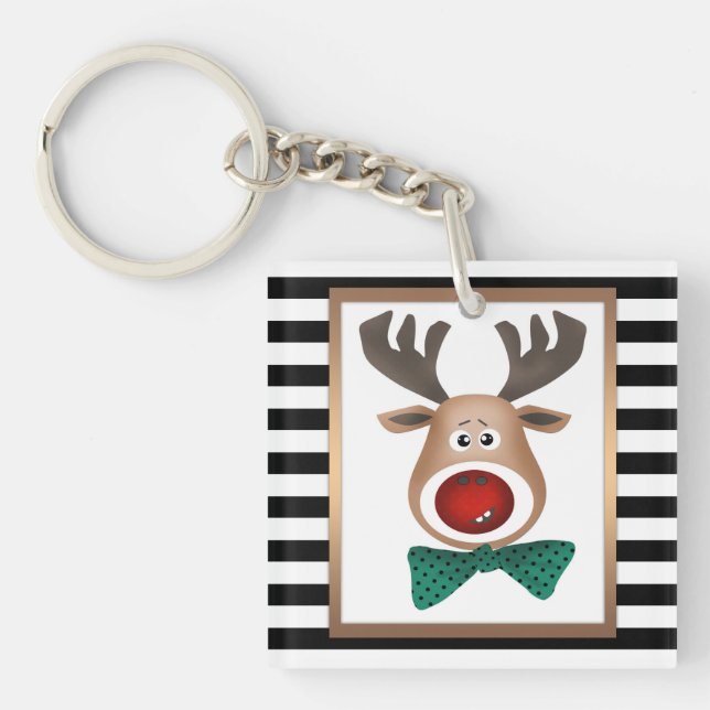 Christmas deer card striped black white celebrate keychain (Front)