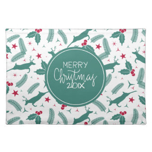 Christmas deer &.Christmas holly holiday pattern Cloth Placemat