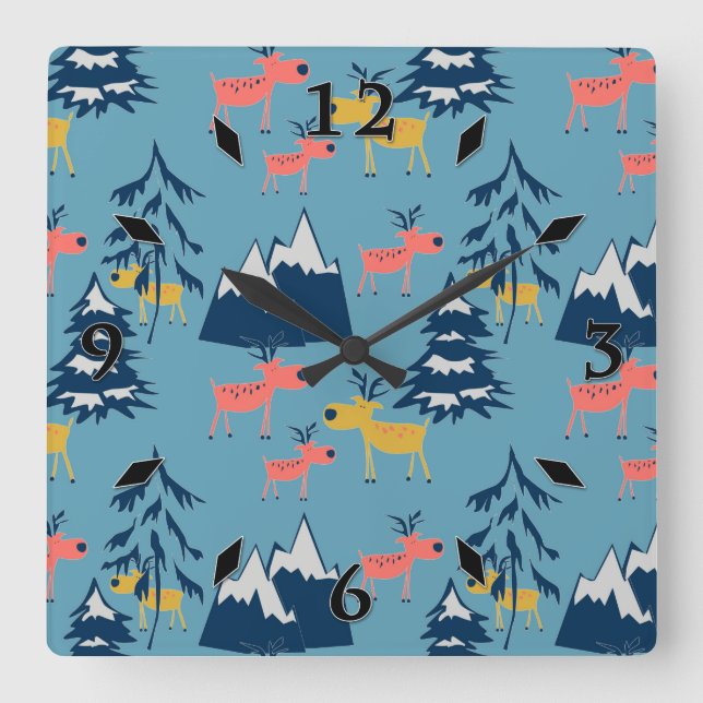 Christmas deer , Christmas trees, mountains  Square Wall Clock (Front)