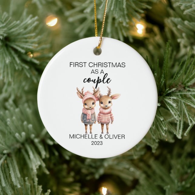 Christmas Deer Couple Personalized Ceramic Ornament (Tree)