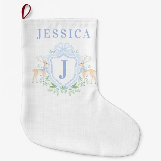 Christmas Deer Crest Monogram With Name Large Christmas Stocking (Front)