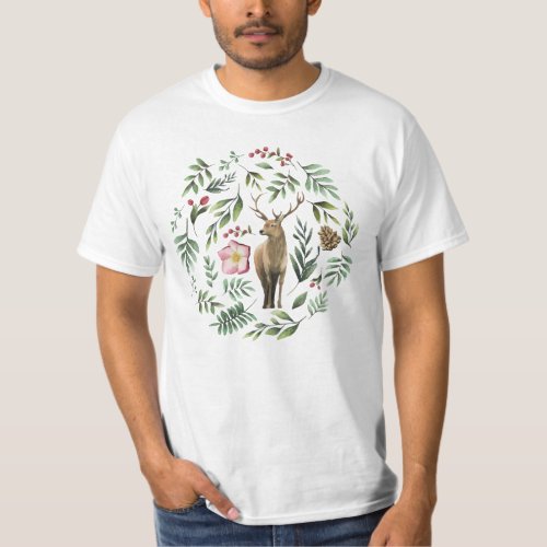 Christmas deer  evergreens circular design T_Shirt