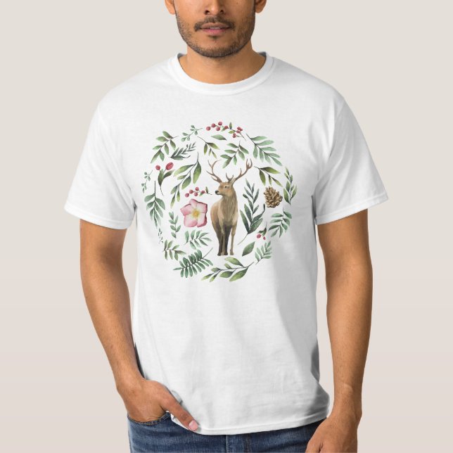 Christmas deer & evergreens circular design T-Shirt (Front)