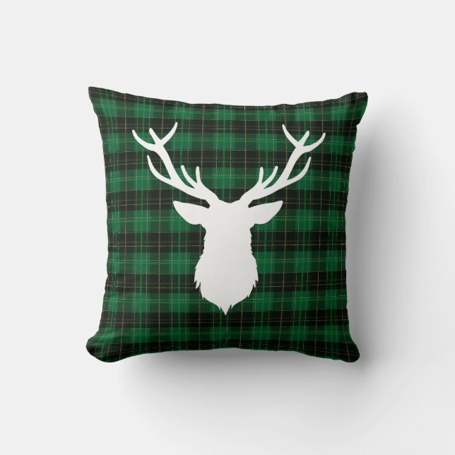 Christmas Deer Green Plaid Throw Pillow (Front)