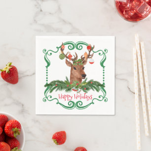 Christmas Deer Happy Holidays Frame Paper Napkins