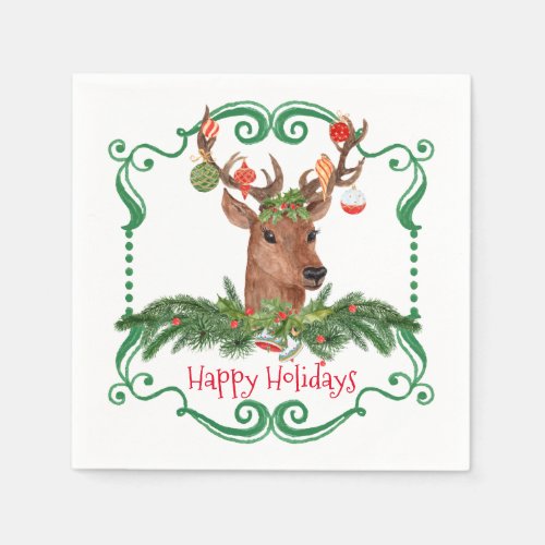 Christmas Deer Happy Holidays Frame Paper Napkins