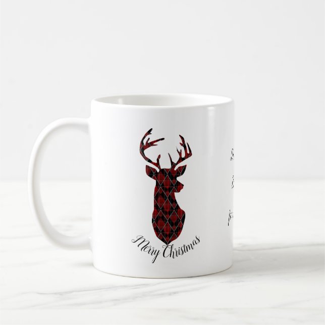 Christmas deer head, checkered, red and black coffee mug (Left)