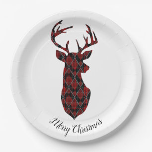 Christmas deer head, checkered, red and black paper plates