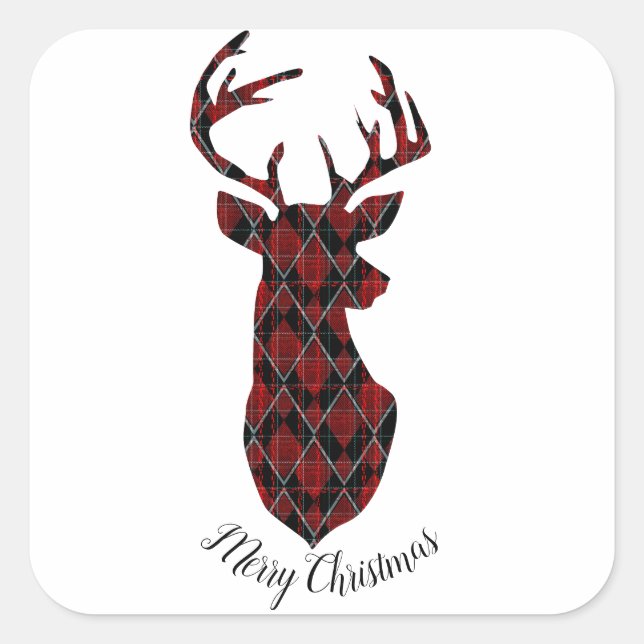 Christmas deer head, checkered, red and black square sticker (Front)