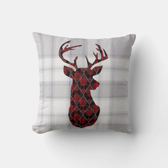 Christmas deer head, checkered, red and black thro throw pillow (Front)