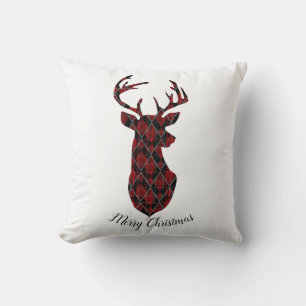 Christmas deer head, checkered, red and black throw pillow
