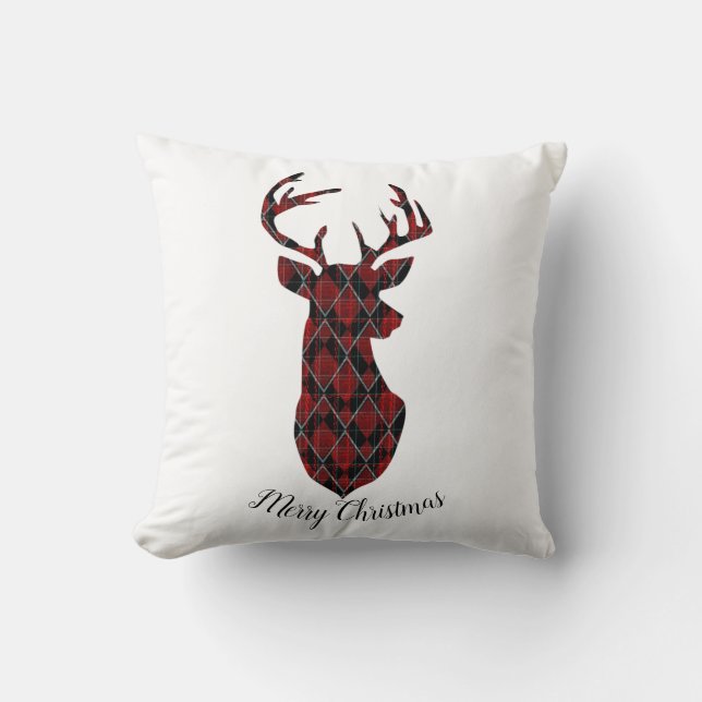 Christmas deer head, checkered, red and black throw pillow (Front)