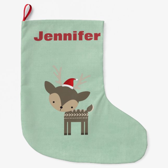 Christmas Deer In A Red Santa Hat Retro Custom Large Christmas Stocking (Front)