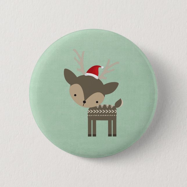 Christmas Deer In A Red Santa Hat Retro Hipster Button (Front)