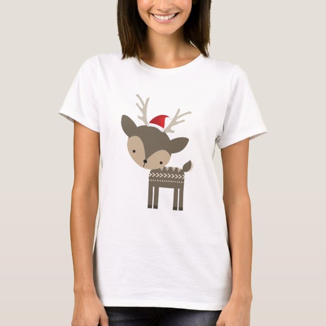Christmas Deer In A Red Santa Hat Retro Hipster T-Shirt (Front)