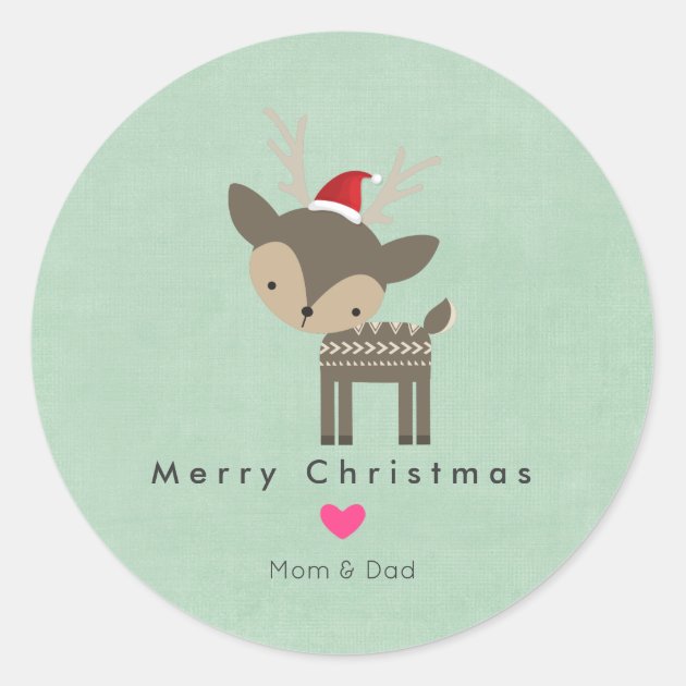 Christmas Deer In A Red Santa Hat With Pink Heart Classic Round Sticker