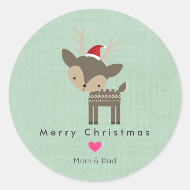 Christmas Deer In A Red Santa Hat With Pink Heart Classic Round Sticker (Front)