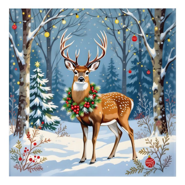 Christmas Deer in Festive Winter Forest  Acrylic Print (Front)