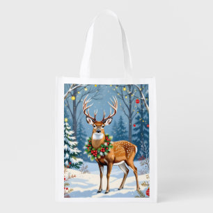 Christmas Deer in Festive Winter Forest Grocery Bag