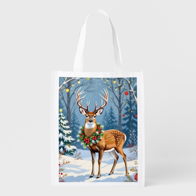 Christmas Deer in Festive Winter Forest  Grocery Bag (Front)