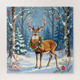 Christmas Deer in Festive Winter Forest Jigsaw Puzzle