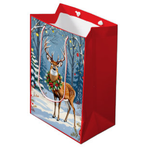 Christmas Deer in Festive Winter Forest Medium Gift Bag