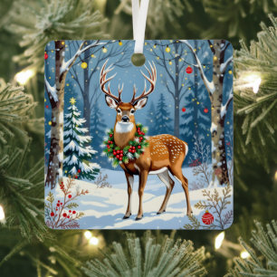 Christmas Deer in Festive Winter Forest Metal Ornament