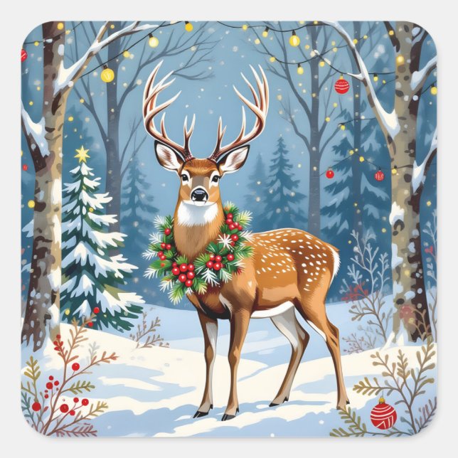Christmas Deer in Festive Winter Forest  Square Sticker (Front)