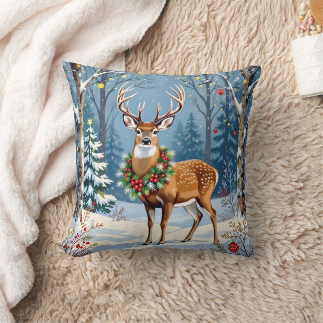 Christmas Deer in Festive Winter Forest  Throw Pillow (Blanket)